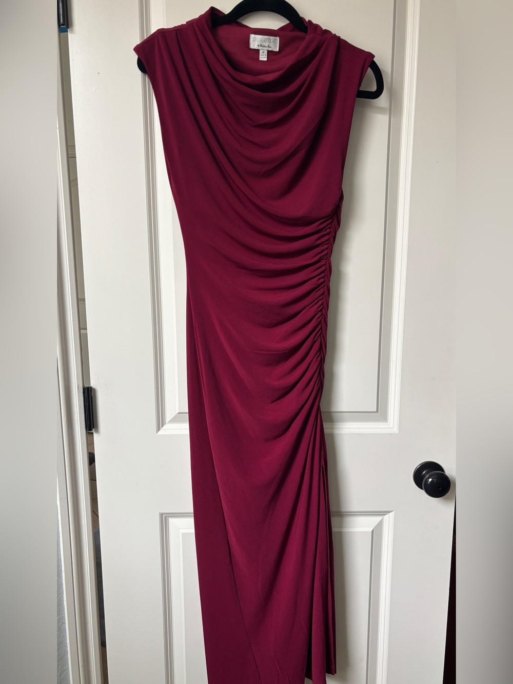 Signature by Robbie Bee Wine Draped Maxi Dress front slit
